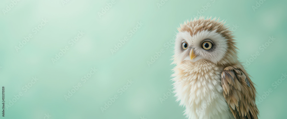 Obraz premium Cute fluffy owl with wide expressive eyes standing on soft green dreamy background, fantasy-style bird character with pastel feathers and gentle charm