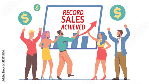 Group celebrating record sales achieved with graph and dollar signs in the background illustration