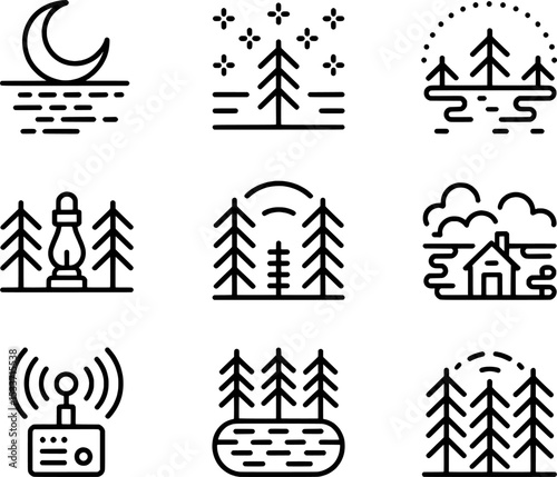Nine Black Line Art Icons Nature Scenes Moon Trees House Lantern
