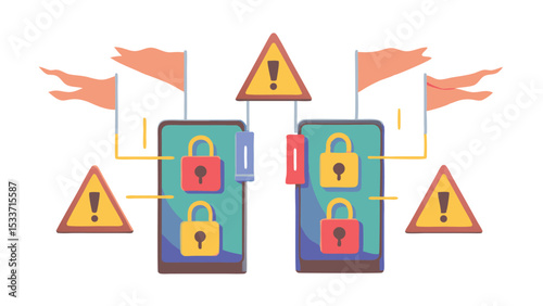 Two phones with lock icons and warning signs indicating a potential security breach or data compromise risk