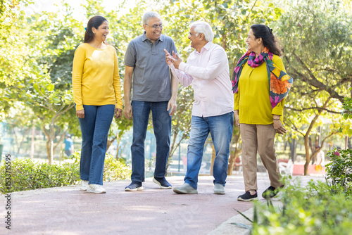 Group of happy indian senior men and women laughing and walking together in summer park. Retirement life, retired people enjoying in garden