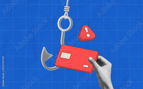 halftone collage, Phishing scam alert concept with credit card and hook. Cybersecurity warning for online fraud, identity theft, and secure digital payments