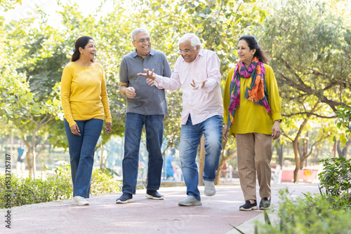Group of happy indian senior men and women laughing and walking together in summer park. Retirement life, retired people enjoying in garden
