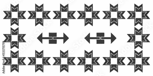 Geometric border with star shapes and arrows pointing in opposite directions in a symmetrical design layout