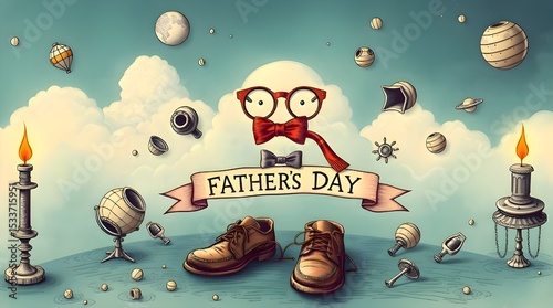 Dreamlike, surreal imagery. Hand-drawn vector pipe, bowtie, glasses, shoes, and Father's Day banner. Fantastical elements, bizarre scene 