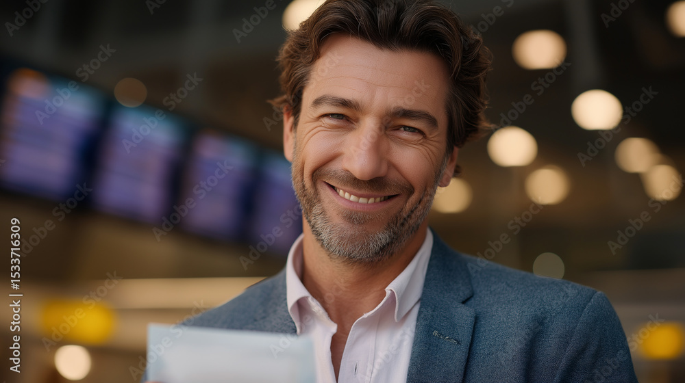 Fototapeta premium Excited Traveler with Digital Flight Ticket and Stewardess