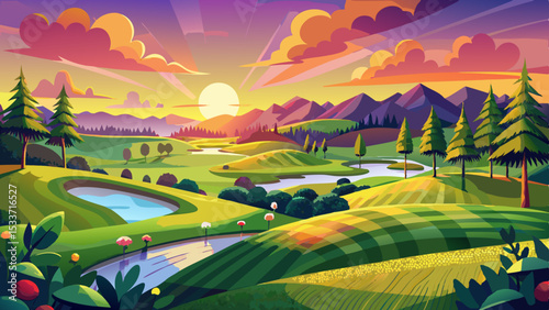 Sunrise over a meticulously manicured golf course with vibrant landscaping. Very beautiful