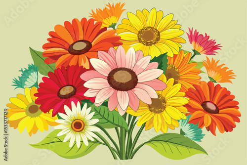 A bright, colorful bouquet of yellow sunflowers and gerbera daisies, blooming with summer beauty
