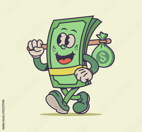Funny retro money cartoon character holding a bag of cash. Cute, colorful, and playful mascot for finance, sticker, logo, or vector design