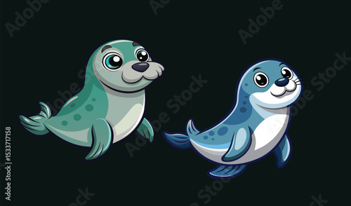 Two adorable cartoon seals ocean animals