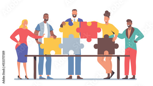 Diverse team collaborating on a puzzle standing around a table with various puzzle pieces displayed