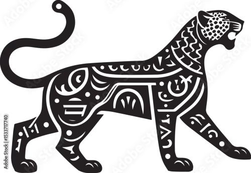 Fototapeta na wymiar Black and White Jaguar Vector Illustration – Minimalist Wild Cat Silhouette Art