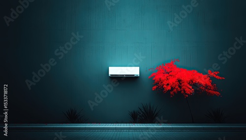 Air Conditioner on Wall with Red Tree