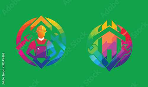 Rainbow colored construction and repair logos
