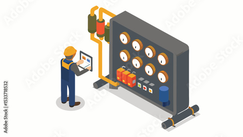Isometric view of a worker using a tablet in front of a control panel with gauges and pipes system