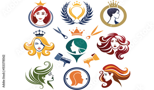 Collection of hair salon logos with women and crowns