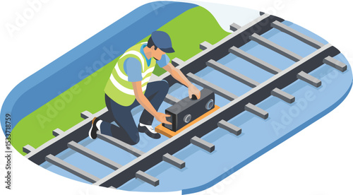 Man in safety vest installing equipment on railroad tracks with green and blue background design element
