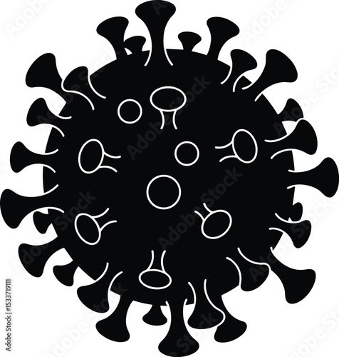 Black silhouette vector illustration of virus particle, abstract viral structure, medical science icon for pandemic, covid, infection alert, and health hazard warning