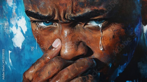Close-up portrait painting of a man crying, showcasing intense emotion and texture.
