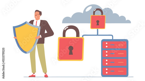Man holding shield protecting data server and cloud with padlocks for secure network connection