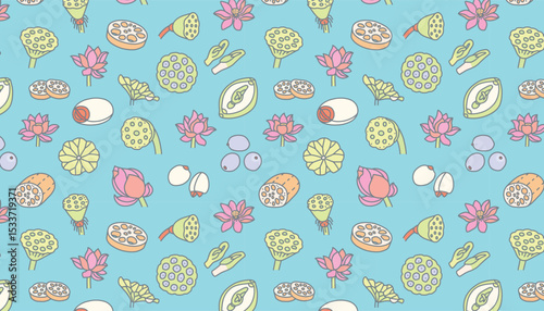 Light blue-background seamless illustrations of lotus elements.