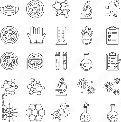 Science experiment icon set with lab tools, microscope, molecules, viruses, bacteria, face mask, petri dish, test tubes, chemical flasks, protective gloves