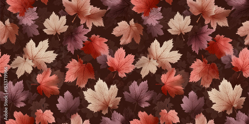 Seamless autumn leaves pattern in warm colors on dark background  