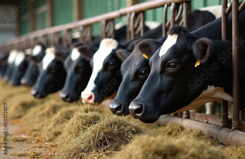 Cows eating hay in a row on farm. Dairy cattle feeding in barn. Black and white holstein dairy cows. Agriculture, husbandry, food production concepts.