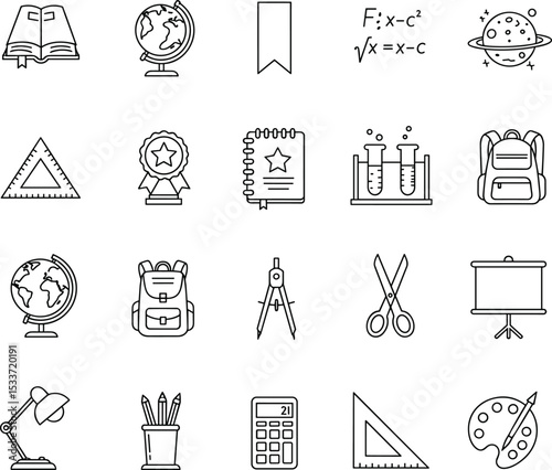 School subject icons, educational tools vector set, science math geography learning symbols, classroom supplies collection, back to school essentials, black outline clipart pack