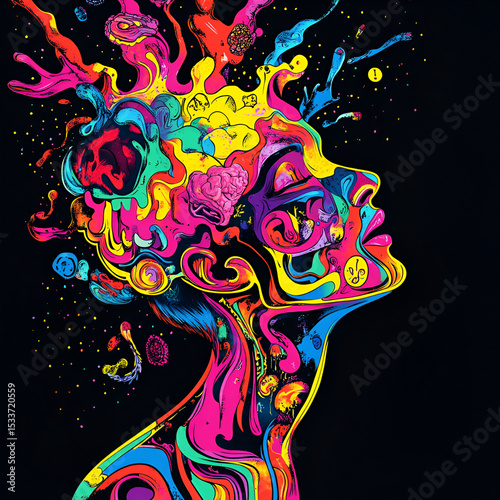 Exploding Psychedelic Neon Brain with Vibrant Abstract Paint and Surreal Face on Dark Background