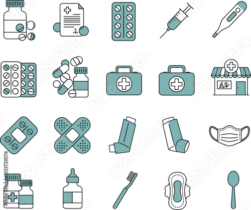 Essential medical and personal care icon set, colored health symbols, pharmacy pills, mask, thermometer, first aid, syringe, hygiene tools vector collection