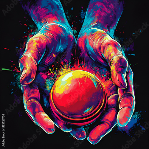 Human Hands Gently Holding a Glowing Red Orb with Splashes of Neon Paint on a Black Background Representing Power and Creativity