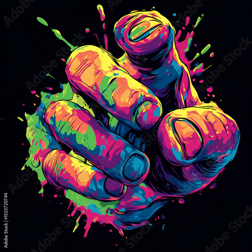 Vivid Neon-Colored Human Fingers Pointing Forward with Splash Paint Effect on Black Background Emphasizing Attention and Expression