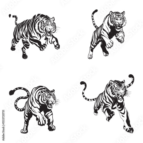 Powerful Tiger Silhouettes in Dynamic Poses