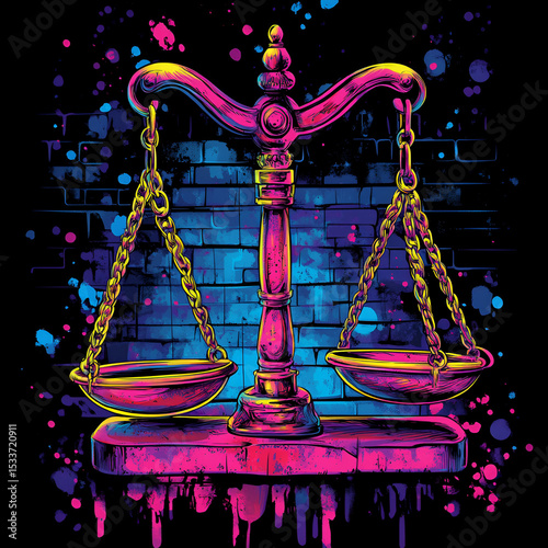 Neon Pink Justice Scales on Urban Graffiti Brick Wall Background Symbolizing Equality, Law, and Legal System in Vibrant Abstract Street Art Style