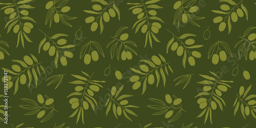Green olives seamless pattern. Linear hand drawn olive leaves and berries. Silhouettes. Outline botanical drawing. Background, wallpaper, banner. Greek, Italian, Spanish farming. Olive oil. Vector.