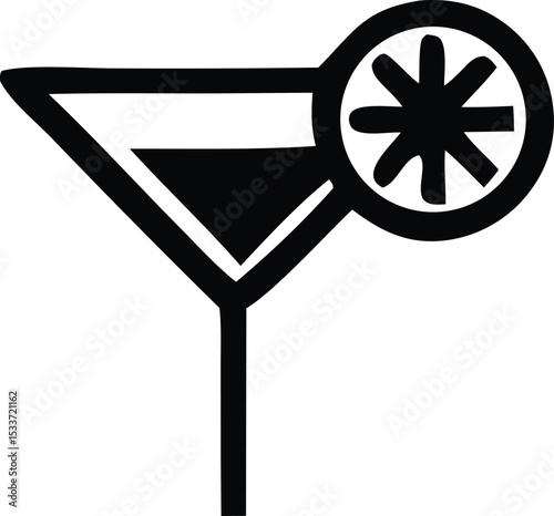 A simple black and white illustration of a martini glass with a lime garnish