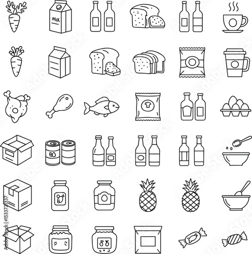 Grocery food and drink icon set, healthy nutrition, packaged snacks, dairy milk, fresh bread, kitchen ingredients, black outline vector symbols for supermarket
