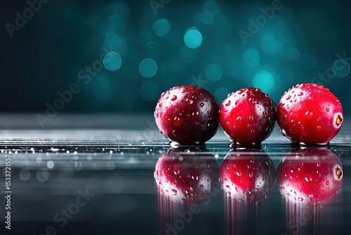 Cranberry with Water Droplet on Reflective Surface