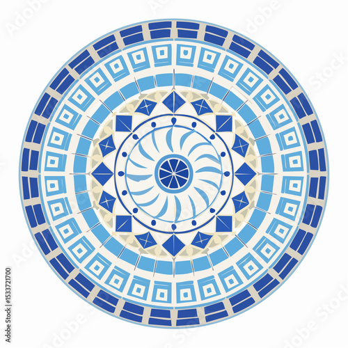 Mosaic tile pattern Greek blue sea texture background Rome circular vector ornament