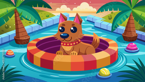 Cute cartoon dog floating in a colorful inflatable pool ring on water, surrounded by palm trees and tropical scenery at sunset