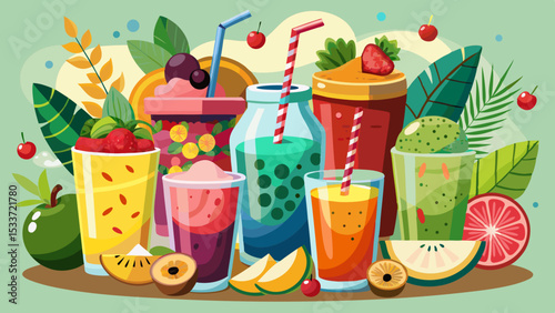 Vibrant collection of fruity beverages and smoothies in colorful glasses surrounded by fresh tropical fruits and lush leaves