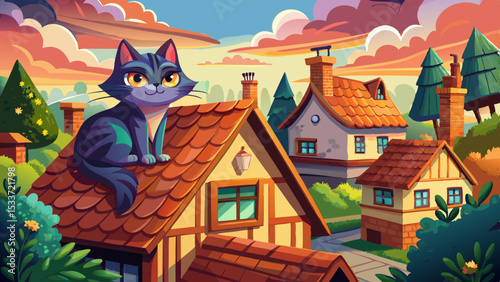Smiling cartoon cat sitting on a rooftop in a peaceful village at sunset with cozy houses and colorful skies