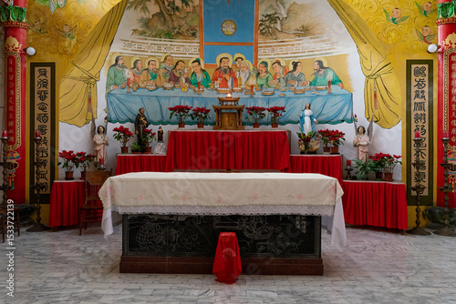 The serene interior of Yanshui Catholic Church in Tainan, Taiwan, featuring wooden pews, arched windows, soft lighting, and religious iconography. This peaceful sacred space blends local culture with 