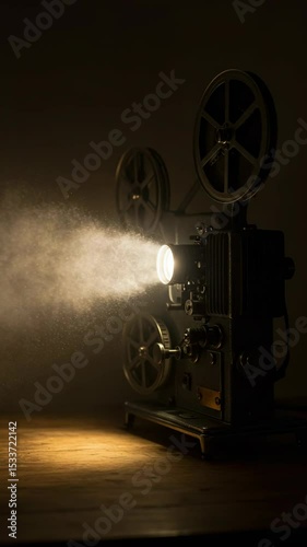 Vintage film projector casting light and smoke in a dark room  