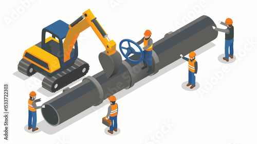 Isometric view of construction workers installing pipeline with excavator and valve system in place