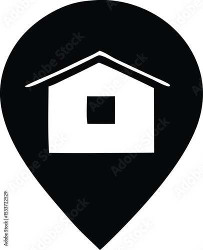 Black location pin icon featuring a simple white house silhouette