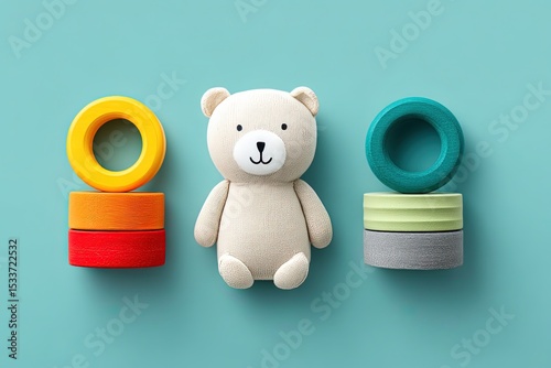 Teddy Bear with Stacking Rings on Blue Background