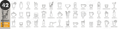 Beverages, drinks editable stroke thin line icons set. Juice, coffee, cappuccino, espresso, milk, hot chocolate, bubble tea, soda, water, champagne, wine, milkshake, tea, whiskey, vector illustration