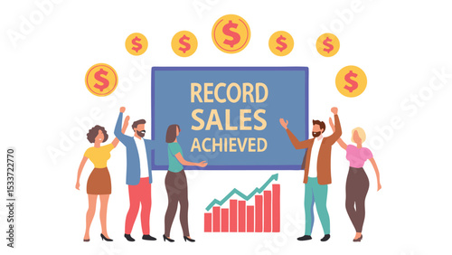 Group celebrating record sales achieved with graph and dollar coins displayed above them on a white background